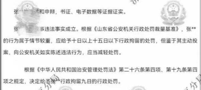 网传行政处罚书显示，因该男子主动投案，决定减轻处罚（网络截图）