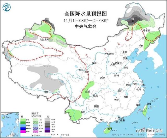 图1全国降水量预报图（11月1日08时-2日08时）