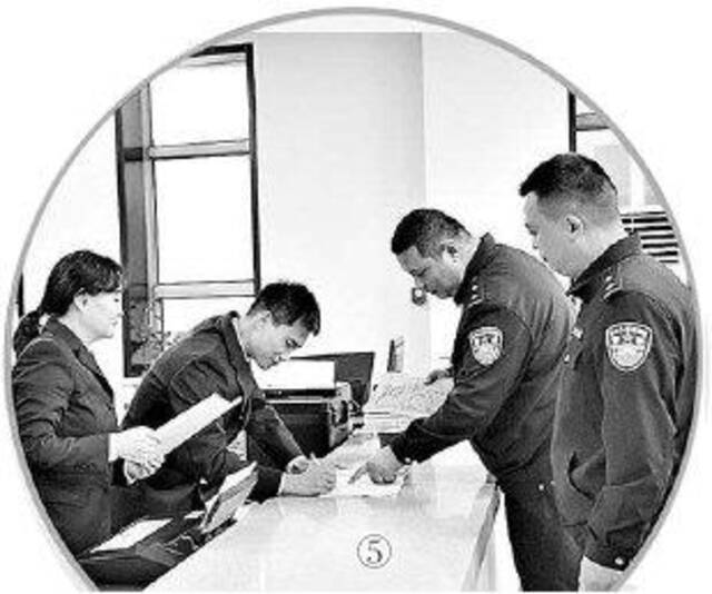 图⑤:安阳市检察院案管中心工作人员接收公安民警移送的案卷。