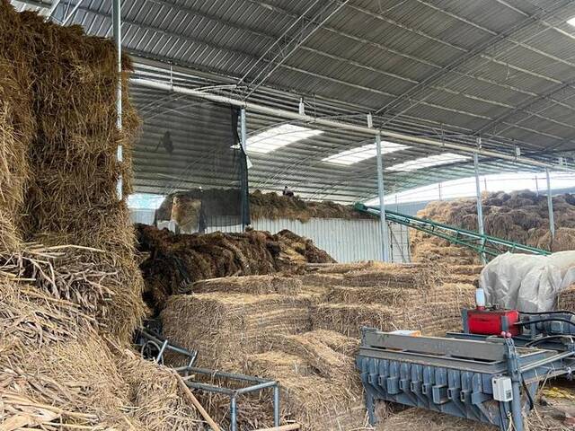 11月3日，在重庆市垫江县周嘉镇的一处秸秆收储点，秸秆被加工成草支垫等草制品。新华社记者赵佳乐摄