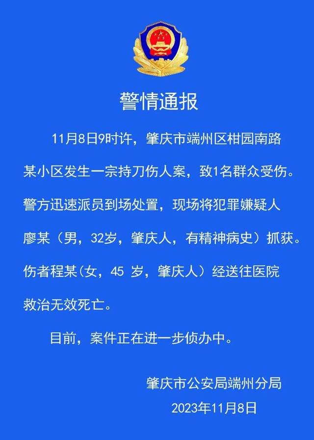 广东肇庆警方通报男子持刀伤人致死：嫌犯有精神病史，已抓获