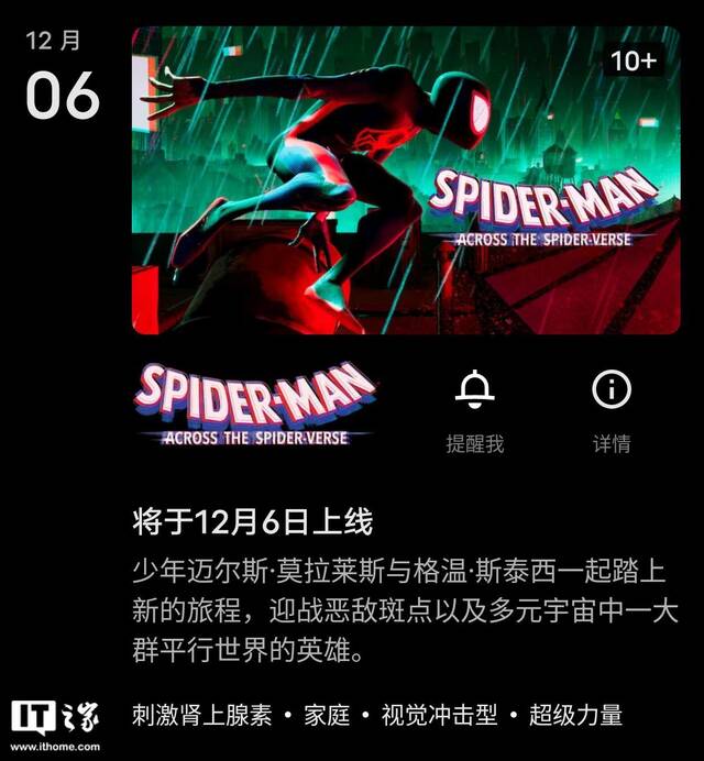 漫威电影《蜘蛛侠：纵横宇宙》12 月 6 日上线 Netflix