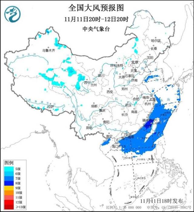 图2全国大风预报图（11月11日20时-12日20时）