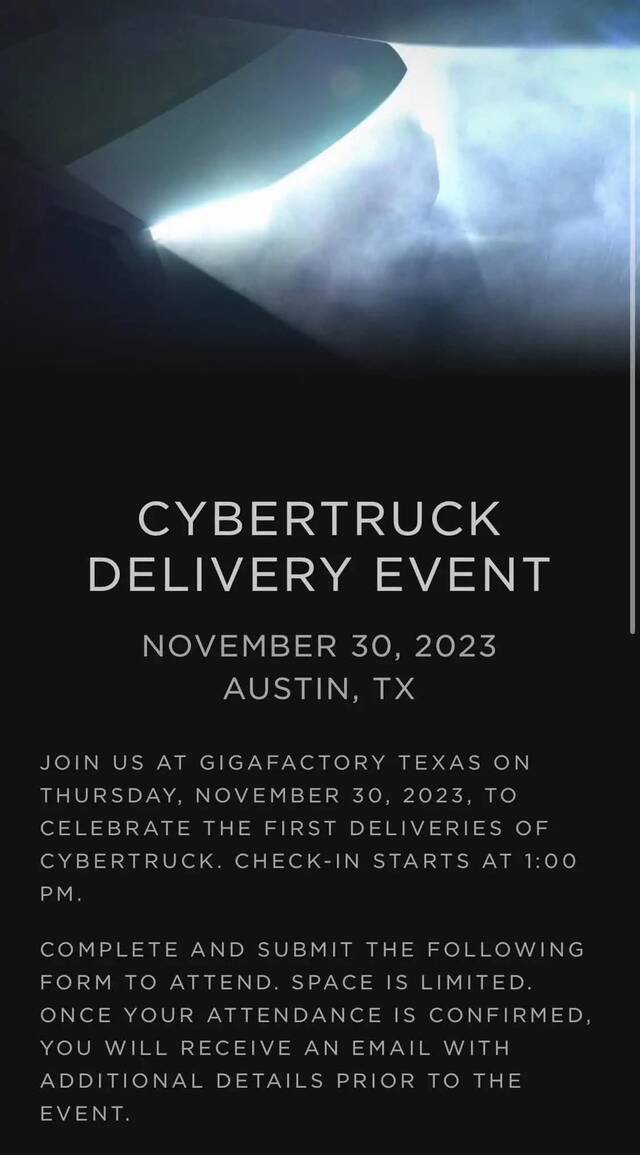 特斯拉Cybertruck新车交付活动将于11月30日在得州超级工厂举行