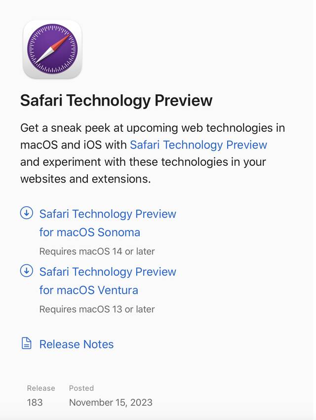 苹果推出 Safari 浏览器技术预览版 183，提供多项性能改进与错误修复