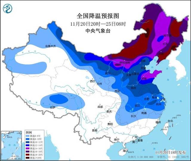 中央气象台发布寒潮黄色预警：长江中下游及以北地区气温将先后下降6～10℃