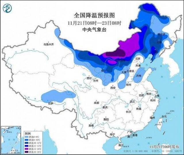 寒潮黄色预警：21日至24日内蒙古、东北地区、华北西部和北部等地降温12-16℃