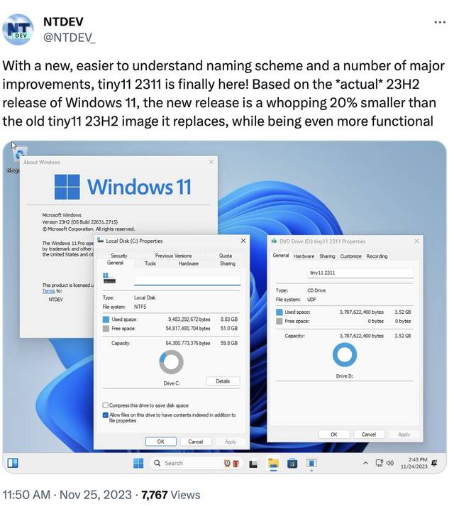 “极简版 Win11”Tiny11 更新 23H2 版本，体积继续减小 20%