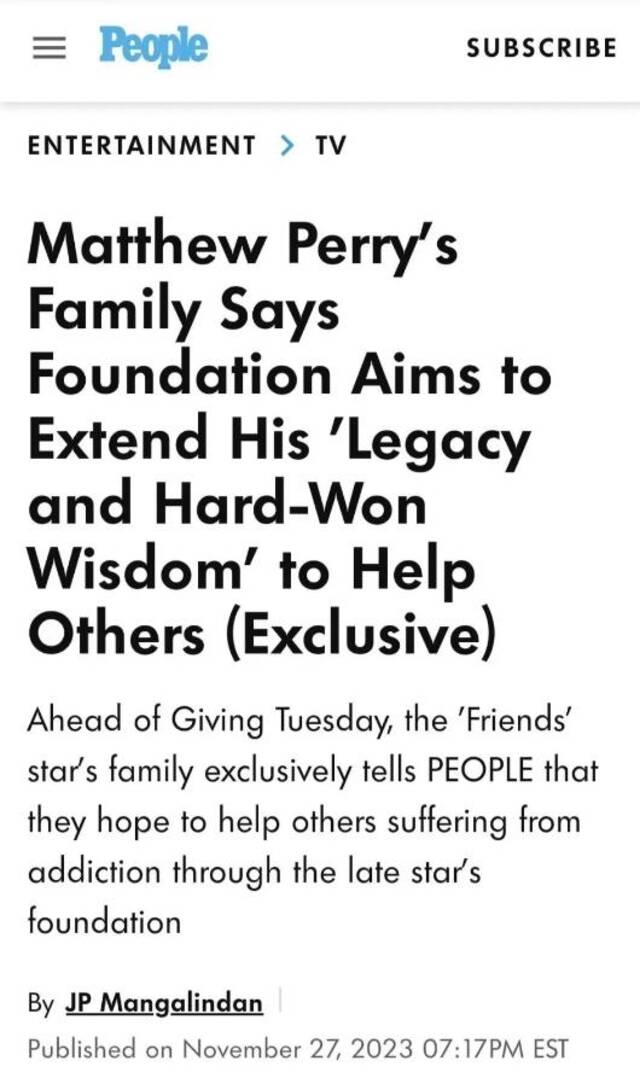 《老友记》“钱德勒”扮演者马修·派瑞家人宣布捐出其8.5亿元遗产