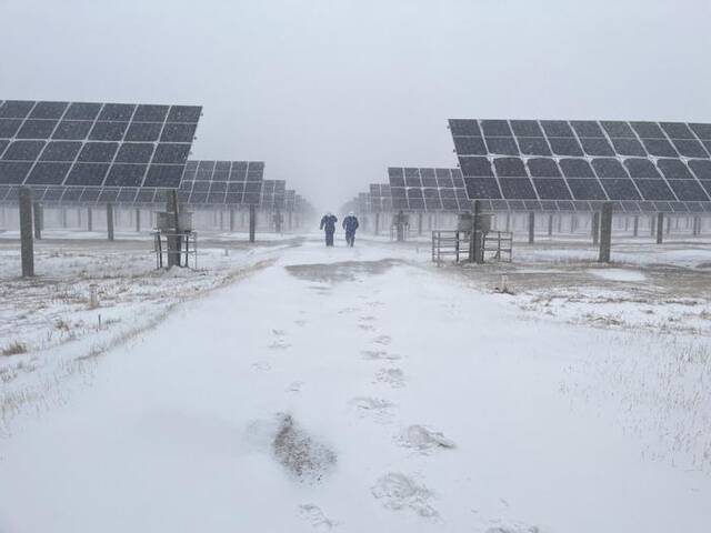 中国节能所属太阳能新疆区白城领跑者电站运维人员冒雪巡检线路