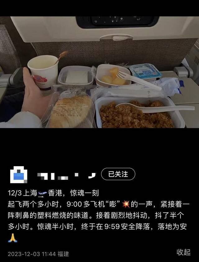 乘客回忆机上情况，当时尚在用餐。社交媒体截图