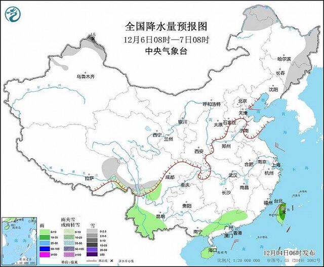 图3全国降水量预报图（12月6日08时-7日08时）