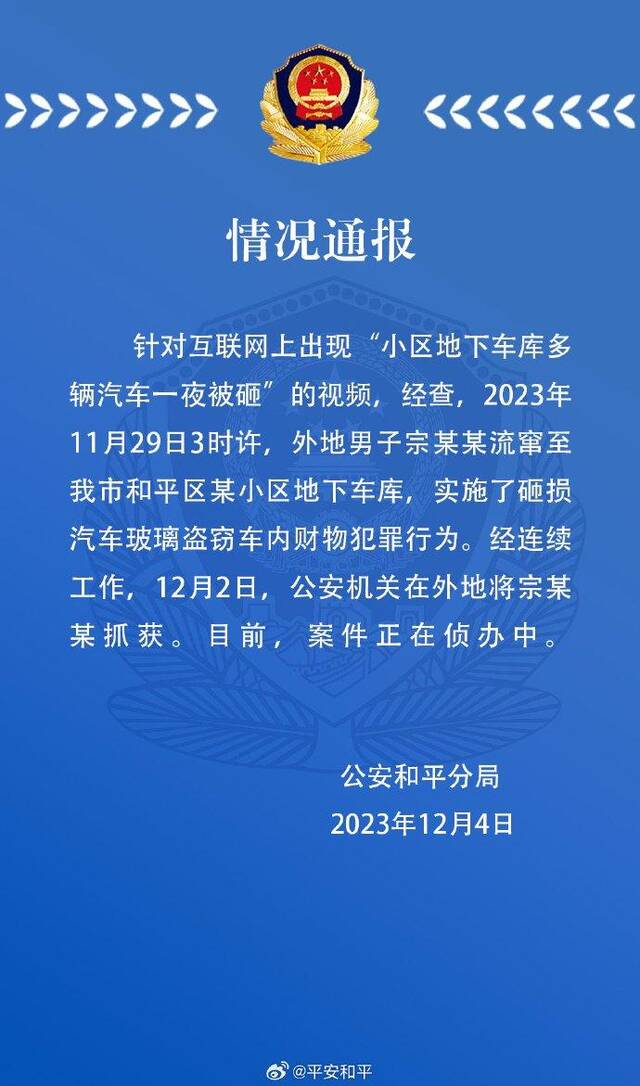 天津警方通报“小区地下车库多车被砸”：外地男子流窜作案，已抓获