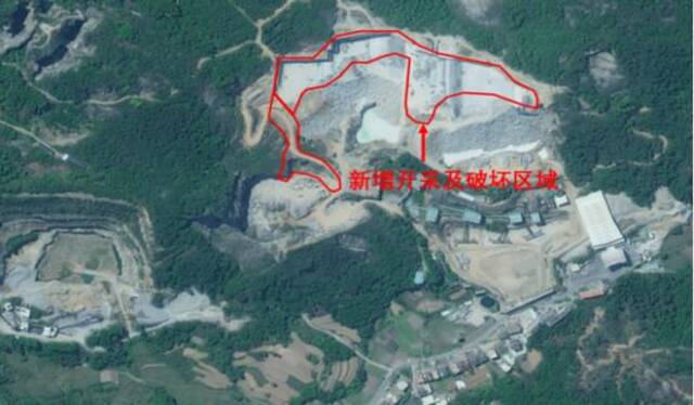 △2020年与2023年惠安县两个矿山增加开采及破坏面积示意图，矿区开采面积扩大近一倍，达到104.5亩，非法占用林地27.9亩