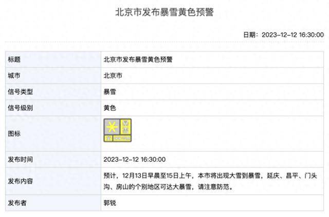 暴雪+寒潮+道路结冰预警！北京4区局地大暴雪，48小时最低温降幅超10℃