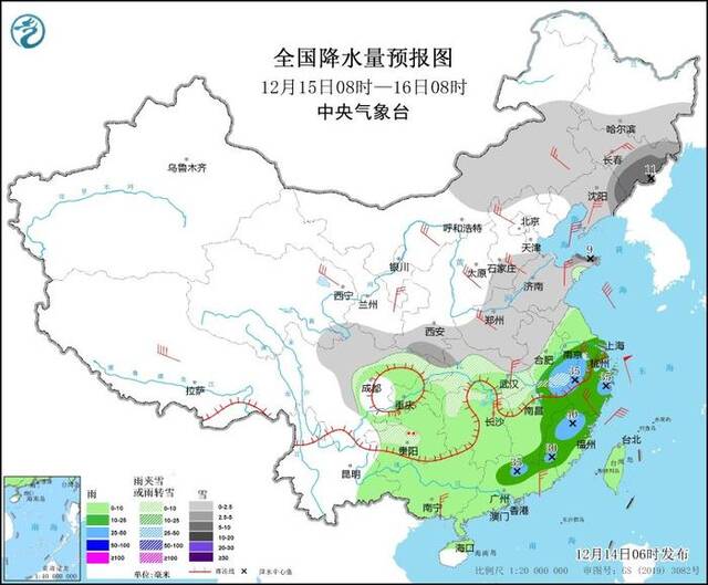 图6全国降水量预报图（12月15日08时-16日08时）