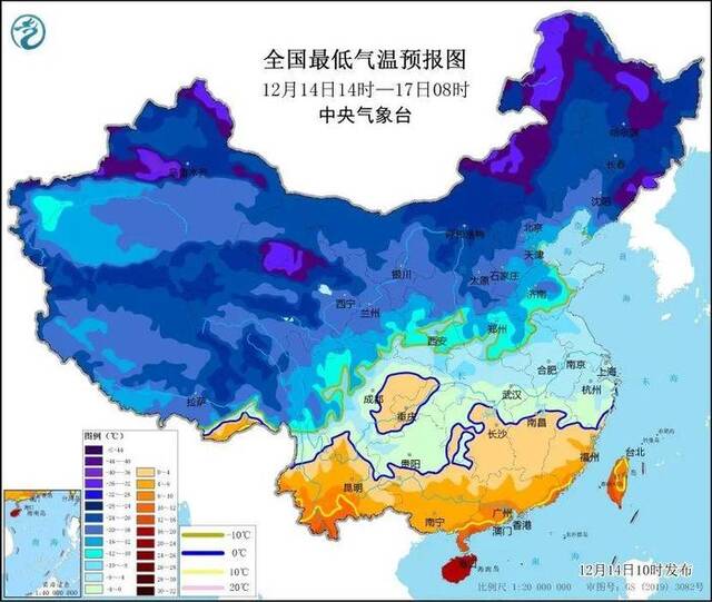 ▲中央气象台发布的全国最低气温预报图