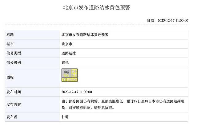 北京市降级发布道路结冰黄色预警