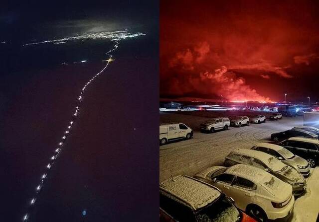▲许多汽车通过高速公路驶向火山喷发地点，并停在附近