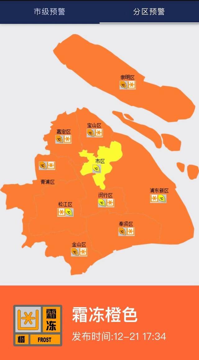 上海多区发布霜冻橙色预警。“上海天气发布”微信公号截图