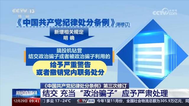 新修订《中国共产党纪律处分条例》明确，搞“政绩工程”、交“政治骗子”等严肃处理