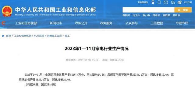 工信部：1—11月全国家用电冰箱产量同比增长14.5%