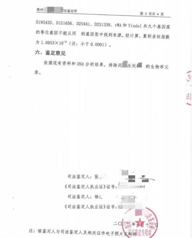 司法鉴定显示小孩并非闵某亲生子。受访者供图