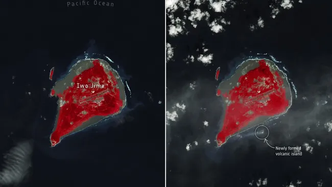 日本海岸一次火山爆发催生了一个新的岛屿，美国宇航局卫星从太空中看到了它