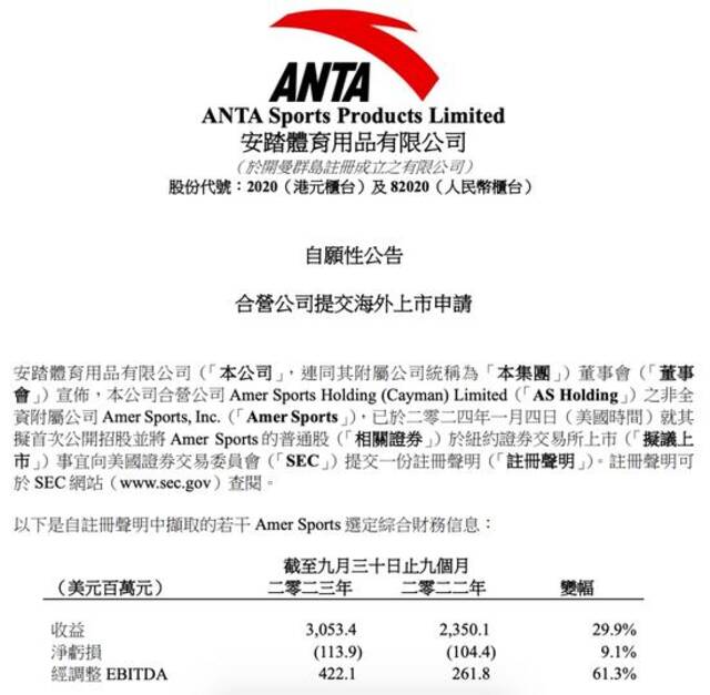 2024年1月5日，安踏体育发布合营公司提交海外上市申请公告