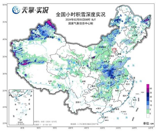 全国小时积雪深度实况。中央气象台供图