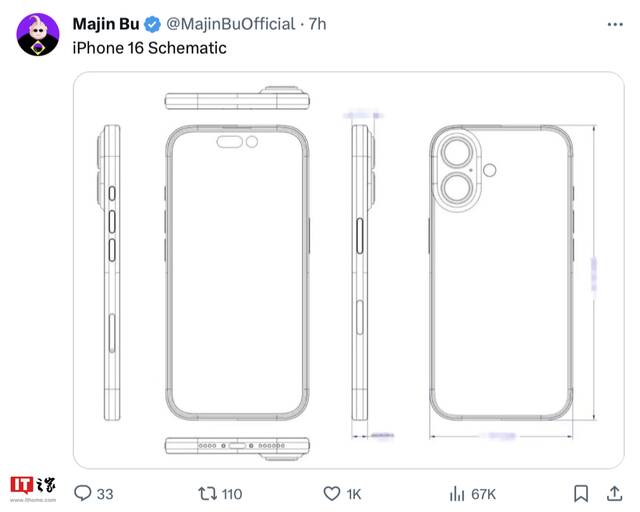 疑似苹果 iPhone 16 手机设计图流出：回归竖排双摄、自带拍照按钮