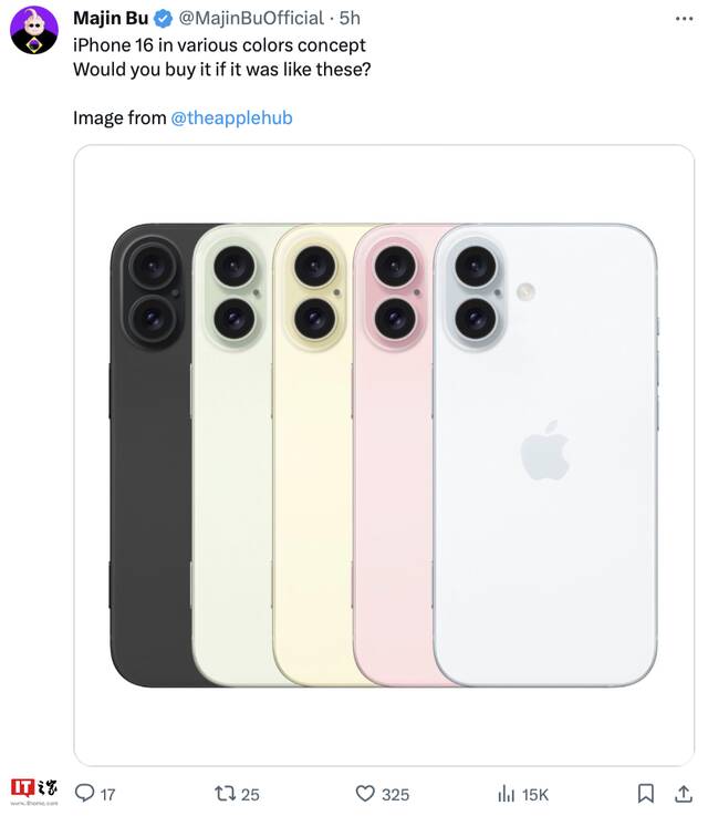 疑似苹果 iPhone 16 手机设计图流出：回归竖排双摄、自带拍照按钮