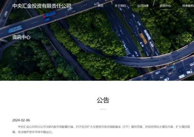 中央汇金公司官网截图。