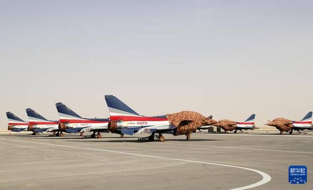 2月4日，在沙特阿拉伯利雅得，中国空军八一飞行表演队歼-10表演机停靠在防务展现场。新华社记者王东震摄