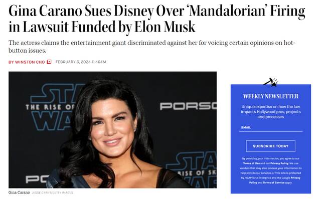 《曼达洛人》演员卡拉诺起诉迪士尼，马斯克提供资金支持