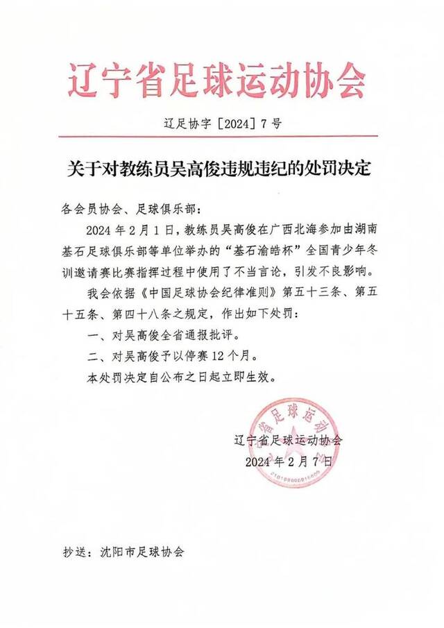 辽宁足协发布关于对教练员吴高俊违规违纪的处罚决定