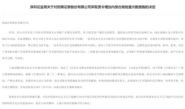 图为深圳证监局今年1月对招商证券开具的罚单