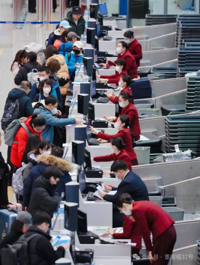 1月25日，首都国际机场，航空公司地勤工作人员忙着为旅客办理值机、行李托运手续。 新京报记者陶冉摄