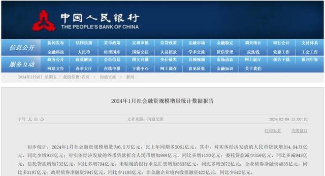 央行：1月社会融资规模增量为6.5万亿元