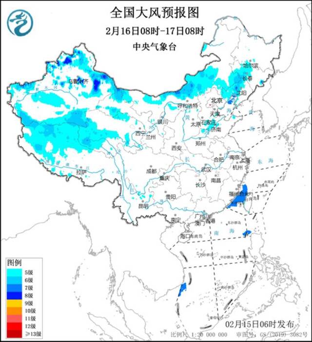 图2全国大风预报图（2月16日08时-17日08时）