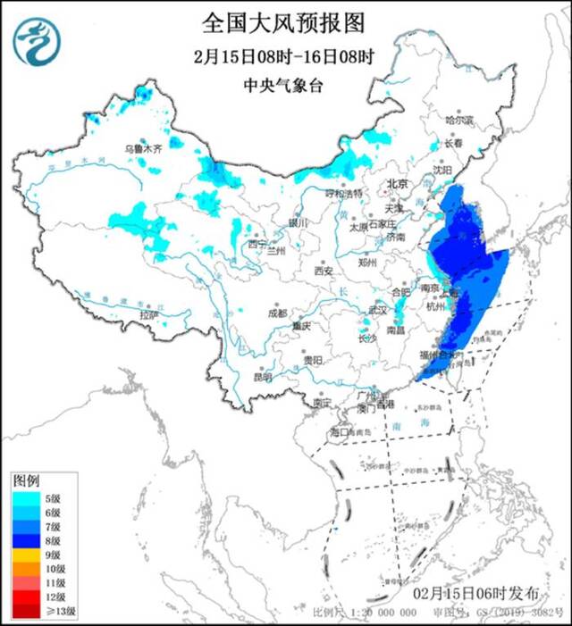 图1全国大风预报图（2月15日08时-16日08时）