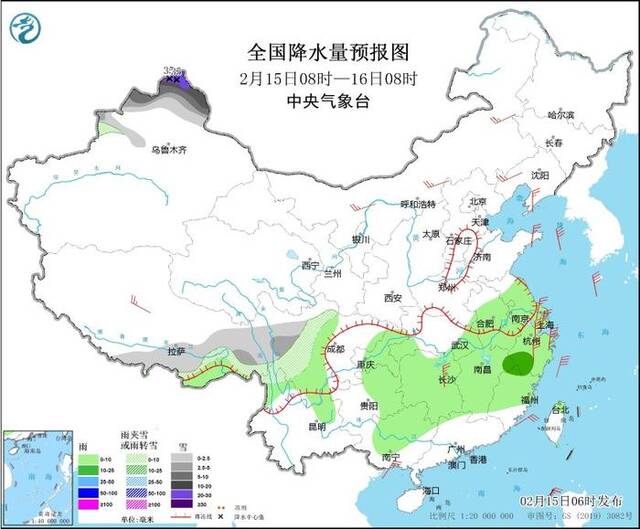 图3全国降水量预报图（2月15日08时-16日08时）