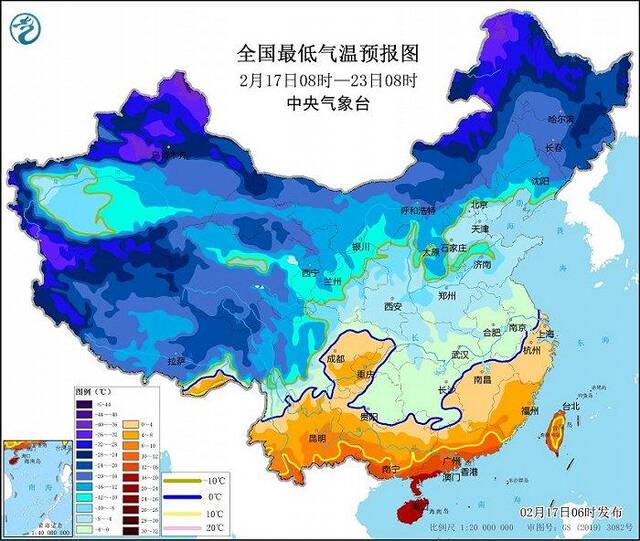 中央气象台2月17日06时继续发布寒潮黄色预警