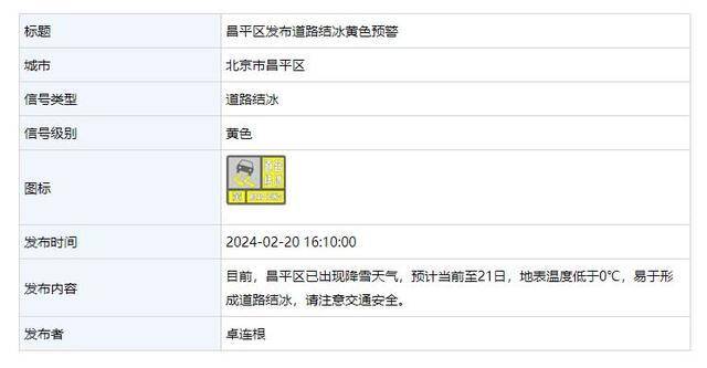 北京5区发布道路结冰黄色预警！