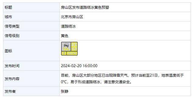 大部分地区易形成道路结冰，北京发布道路结冰黄色预警