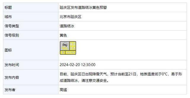 大部分地区易形成道路结冰，北京发布道路结冰黄色预警