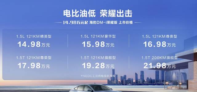 比亚迪海豹 DM-i 荣耀版车型上市，售价 14.98 万元起