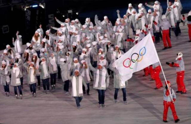 2018年，俄奥运代表团在平昌冬奥会开幕式上入场