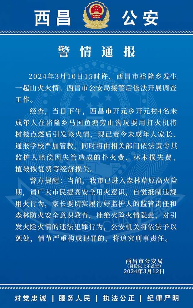 四川西昌警方：4名未成年人玩耍点燃树枝引发山火，已责令监护人赔偿损失