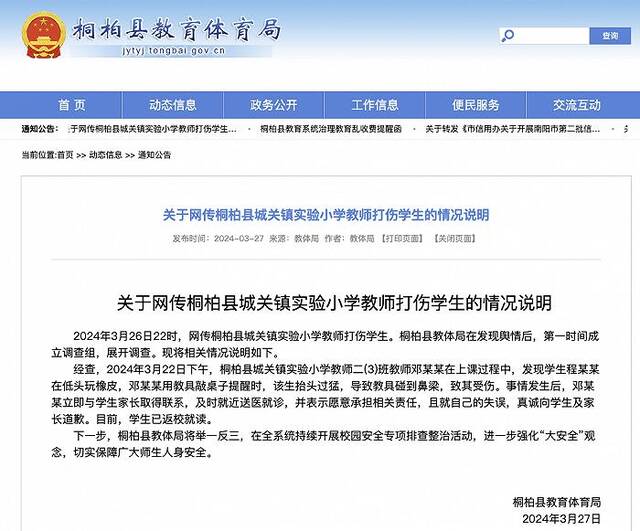 河南桐柏通报“教师打伤小学生”：教具碰到鼻梁，该生已返校就读